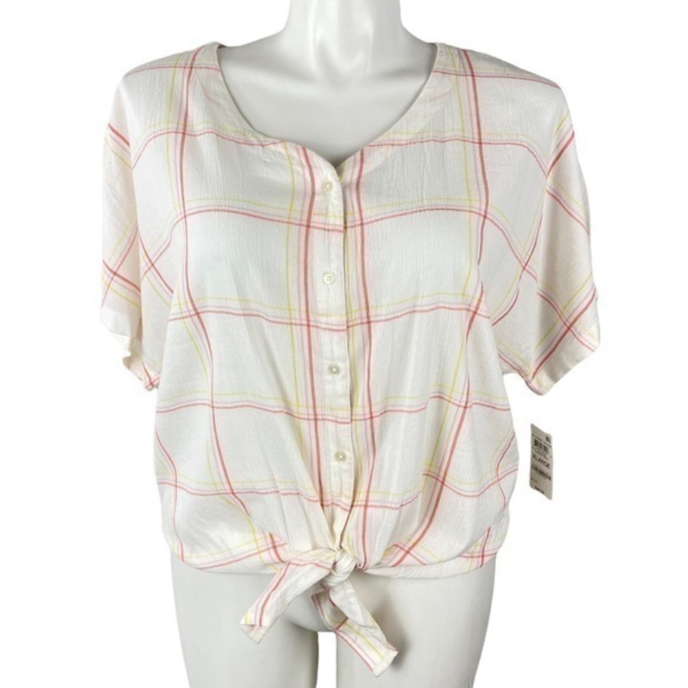 Women XL Tie Front Top | Cream Plaid